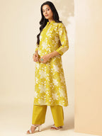 Yellow Cotton Floral Print A-Line Kurta Set