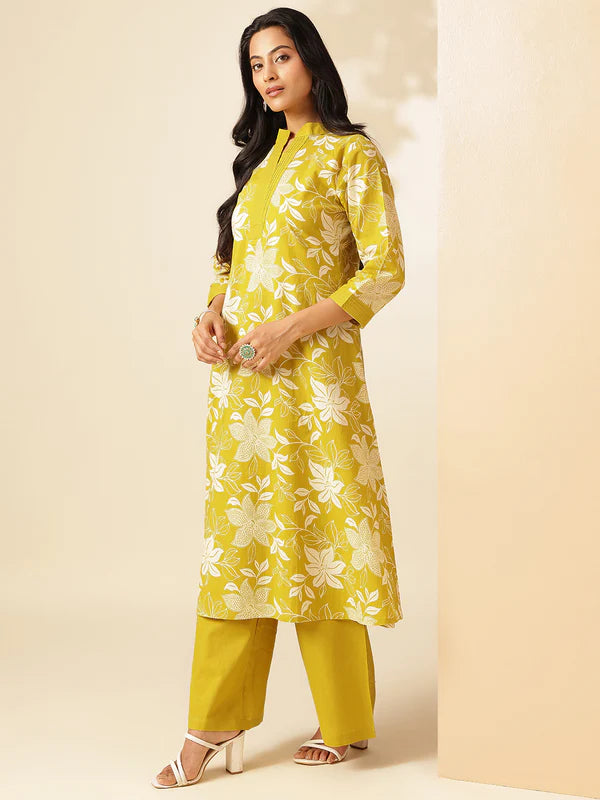Yellow Cotton Floral Print A-Line Kurta Set