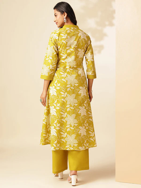 Yellow Cotton Floral Print A-Line Kurta Set