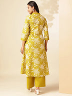 Yellow Cotton Floral Print A-Line Kurta Set