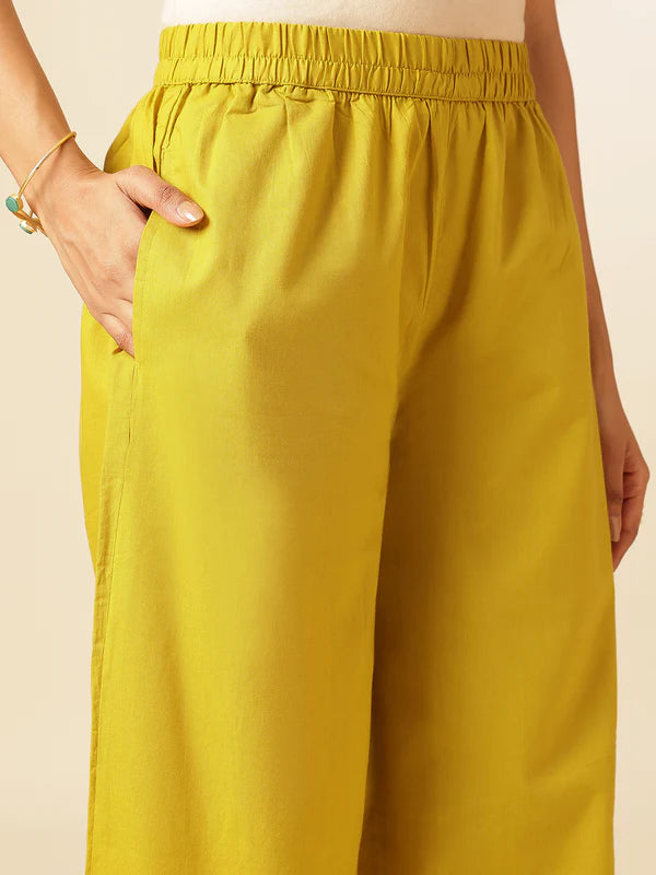 Yellow Cotton Floral Print A-Line Kurta Set
