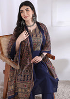 Navy Blue Solid (Printed Dupatta) Straight Cotton Stitched Kurta Set