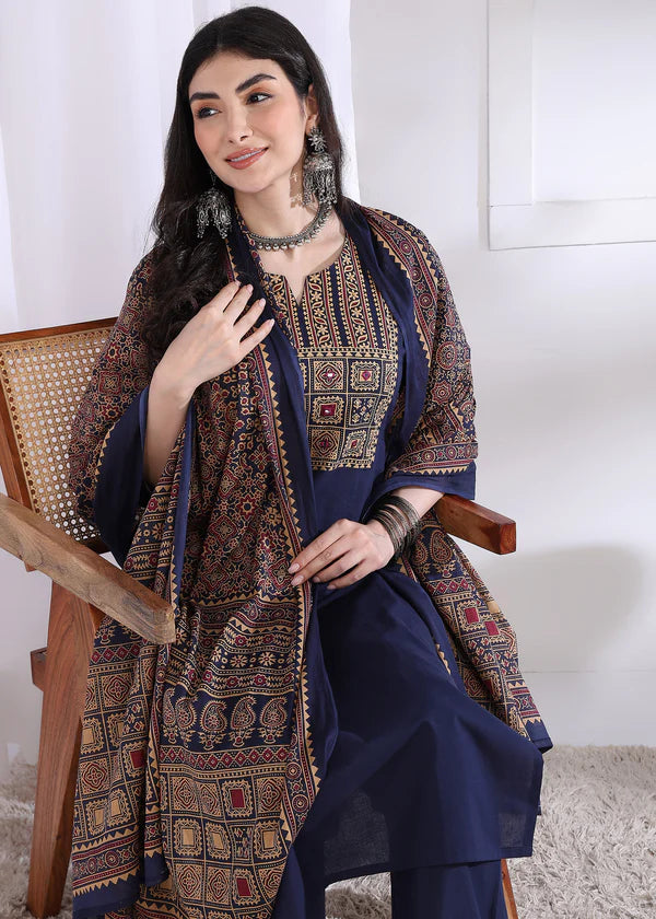 Navy Blue Solid (Printed Dupatta) Straight Cotton Stitched Kurta Set