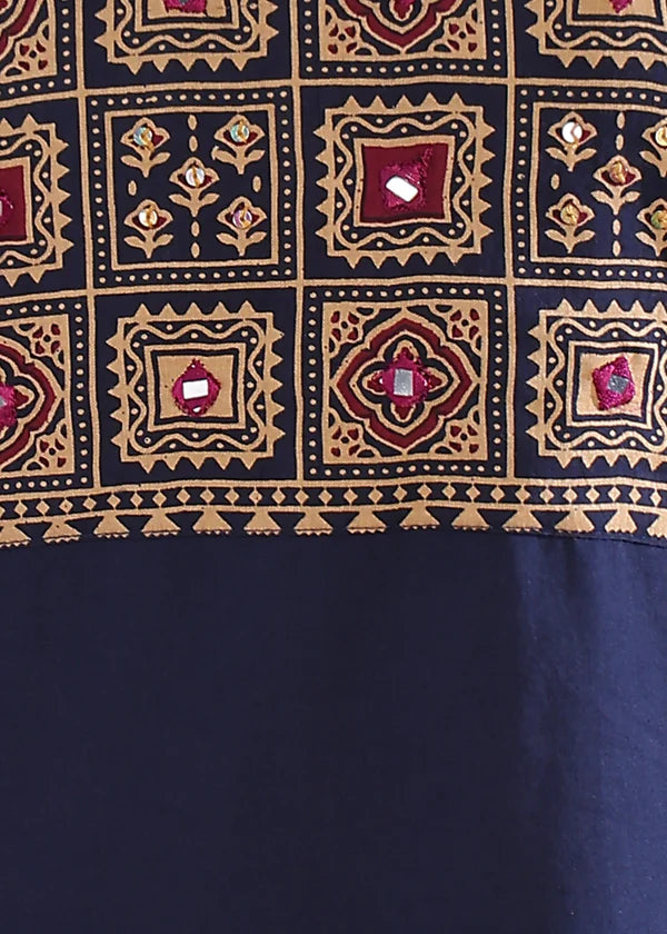 Navy Blue Solid (Printed Dupatta) Straight Cotton Stitched Kurta Set