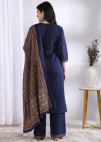 Navy Blue Solid (Printed Dupatta) Straight Cotton Stitched Kurta Set