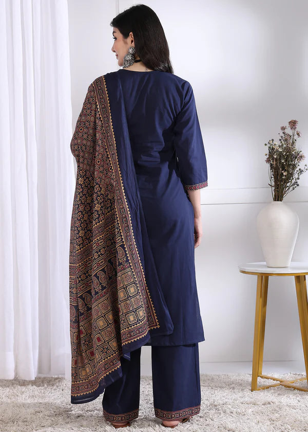 Navy Blue Solid (Printed Dupatta) Straight Cotton Stitched Kurta Set