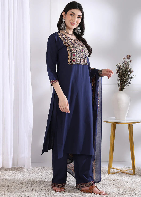 Navy Blue Solid (Printed Dupatta) Straight Cotton Stitched Kurta Set
