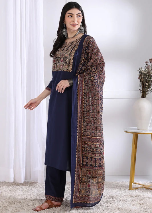 Navy Blue Solid (Printed Dupatta) Straight Cotton Stitched Kurta Set