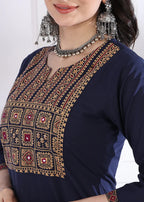 Navy Blue Solid (Printed Dupatta) Straight Cotton Stitched Kurta Set