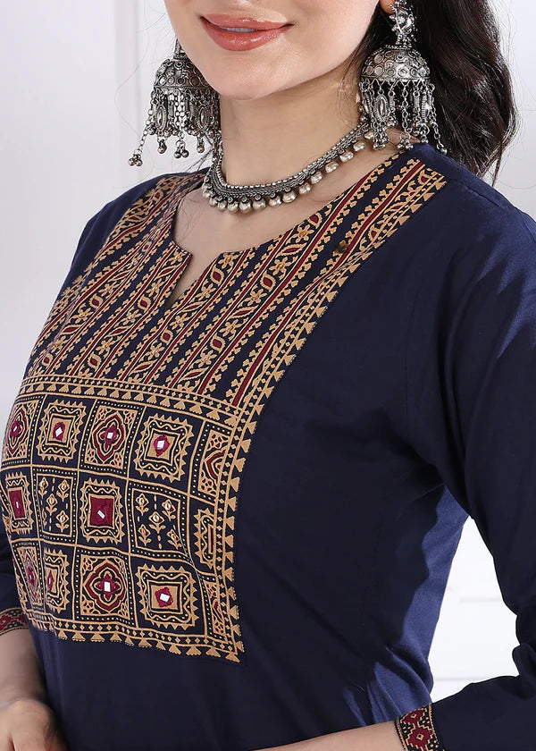 Navy Blue Solid (Printed Dupatta) Straight Cotton Stitched Kurta Set