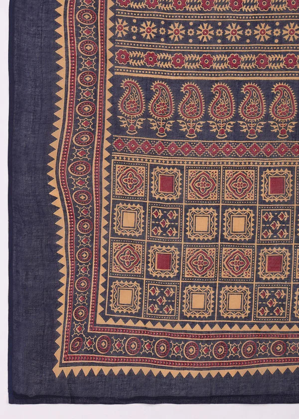 Navy Blue Solid (Printed Dupatta) Straight Cotton Stitched Kurta Set