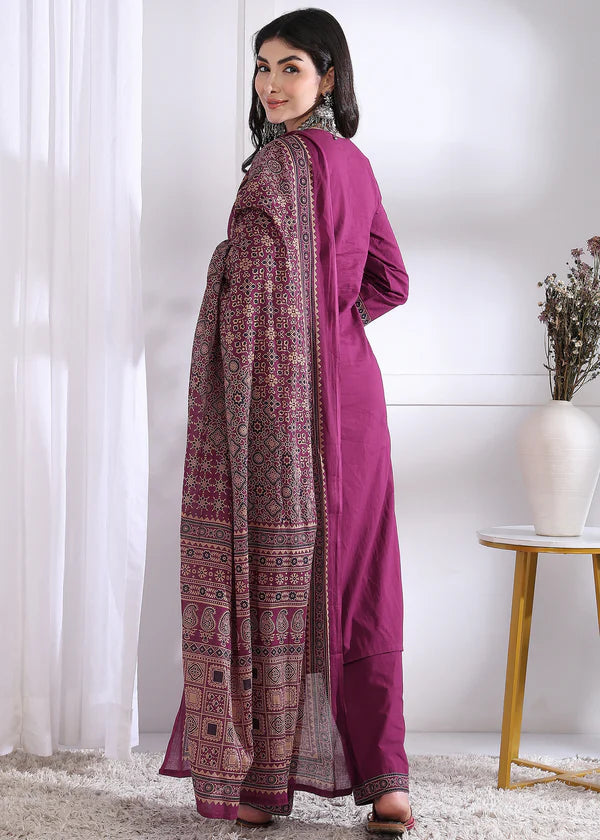 Magenta Solid (Printed Dupatta) Straight Cotton Stitched Kurta Set