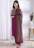 Magenta Solid (Printed Dupatta) Straight Cotton Stitched Kurta Set