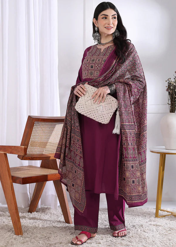 Magenta Solid (Printed Dupatta) Straight Cotton Stitched Kurta Set