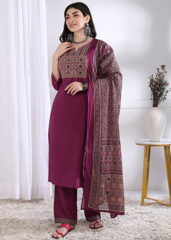 Magenta Solid (Printed Dupatta) Straight Cotton Stitched Kurta Set