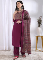 Magenta Solid (Printed Dupatta) Straight Cotton Stitched Kurta Set