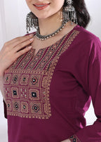 Magenta Solid (Printed Dupatta) Straight Cotton Stitched Kurta Set