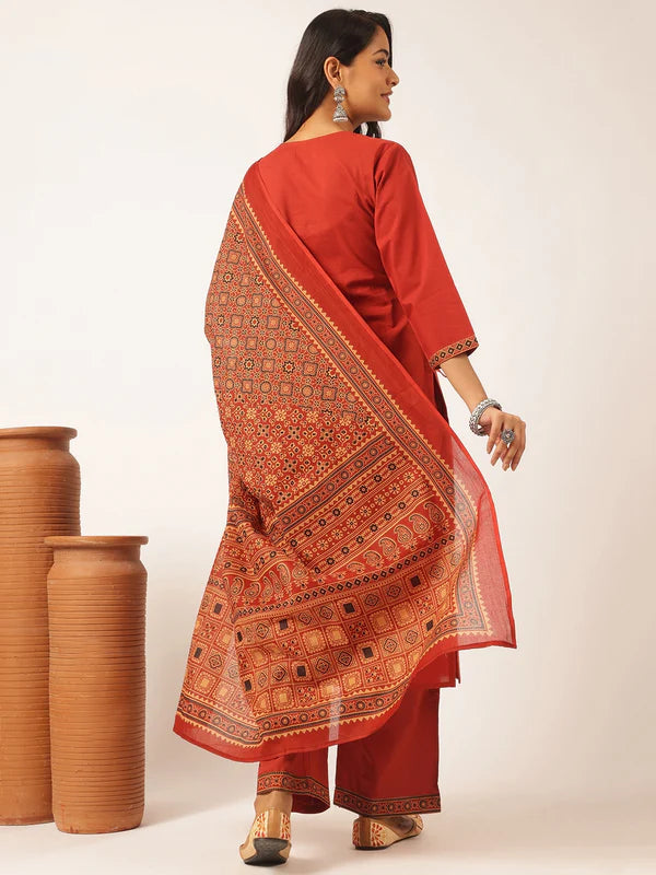 Maroon Cotton Solid Straight Kurta Set