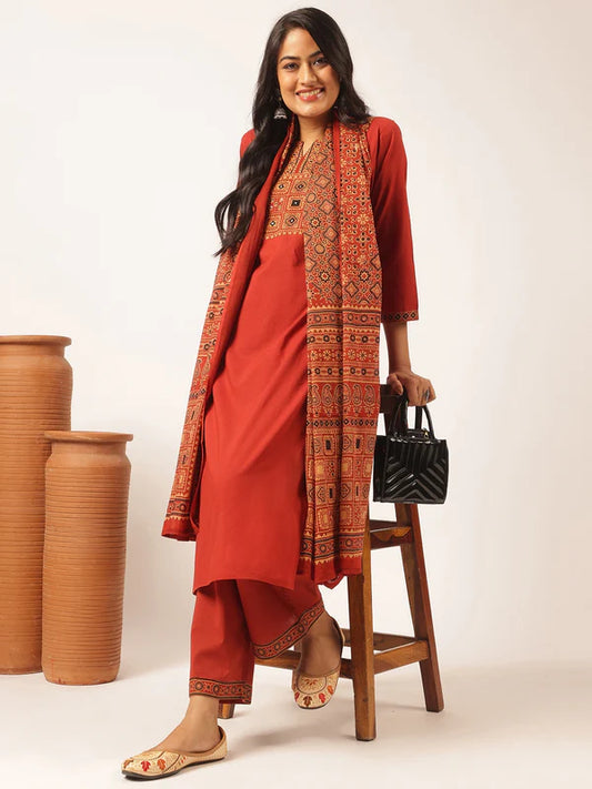 Maroon Cotton Solid Straight Kurta Set