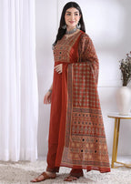 Maroon Solid (Printed Dupatta) Straight Cotton Stitched Kurta Set
