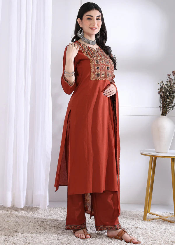 Maroon Solid (Printed Dupatta) Straight Cotton Stitched Kurta Set
