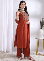 Maroon Solid (Printed Dupatta) Straight Cotton Stitched Kurta Set