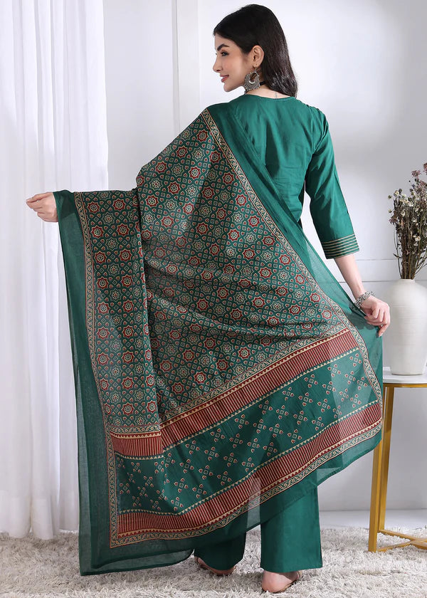 Peacock Solid (Printed Dupatta) Straight Cotton Stitched Kurta Set