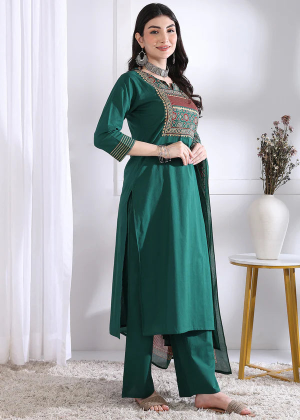 Peacock Solid (Printed Dupatta) Straight Cotton Stitched Kurta Set