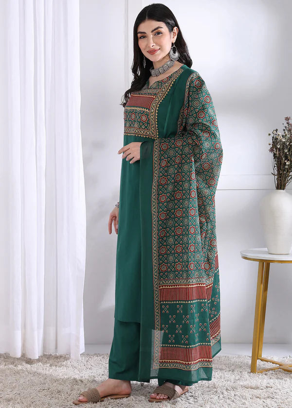 Peacock Solid (Printed Dupatta) Straight Cotton Stitched Kurta Set