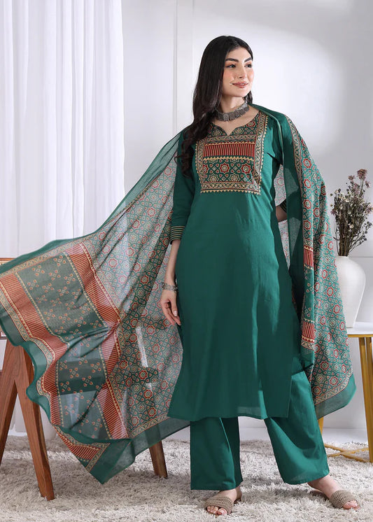 Peacock Solid (Printed Dupatta) Straight Cotton Stitched Kurta Set