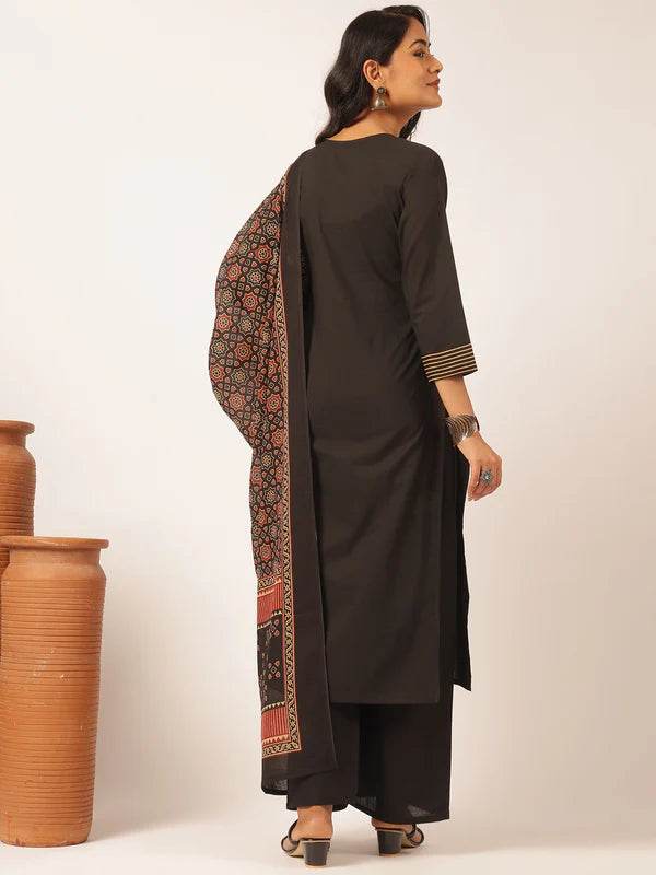 Black colour Cotton Solid Straight Kurta Set