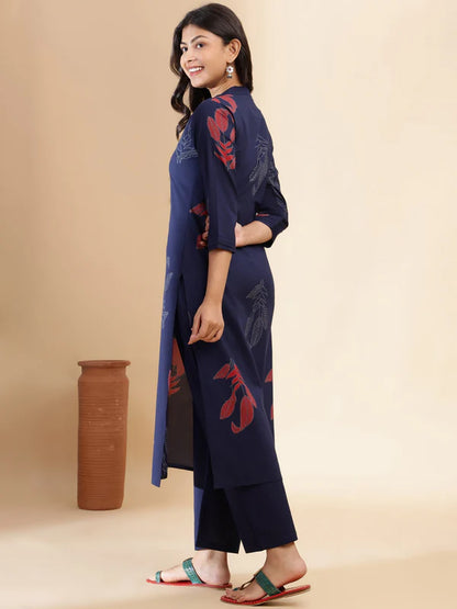 Navy Blue Leaf Print Straight Cotton Stitched Kurta Set
