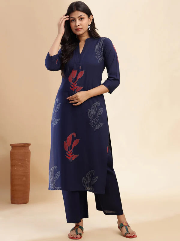 Navy Blue Leaf Print Straight Cotton Stitched Kurta Set