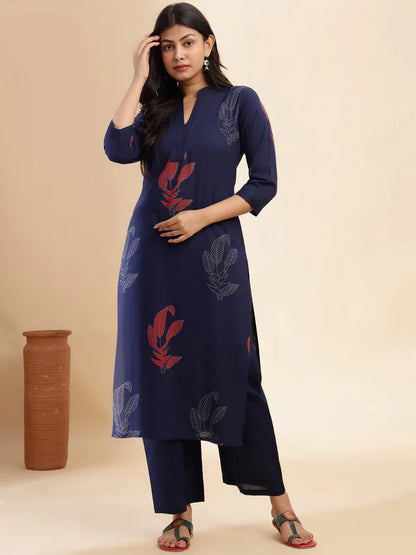 Navy Blue Leaf Print Straight Cotton Stitched Kurta Set