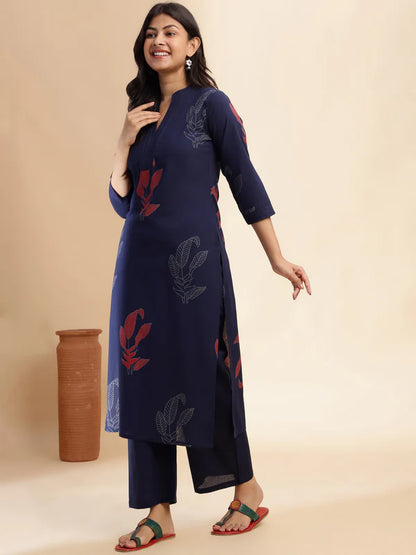 Navy Blue Leaf Print Straight Cotton Stitched Kurta Set