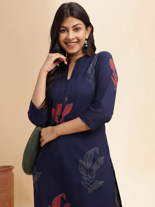 Navy Blue Leaf Print Straight Cotton Stitched Kurta Set