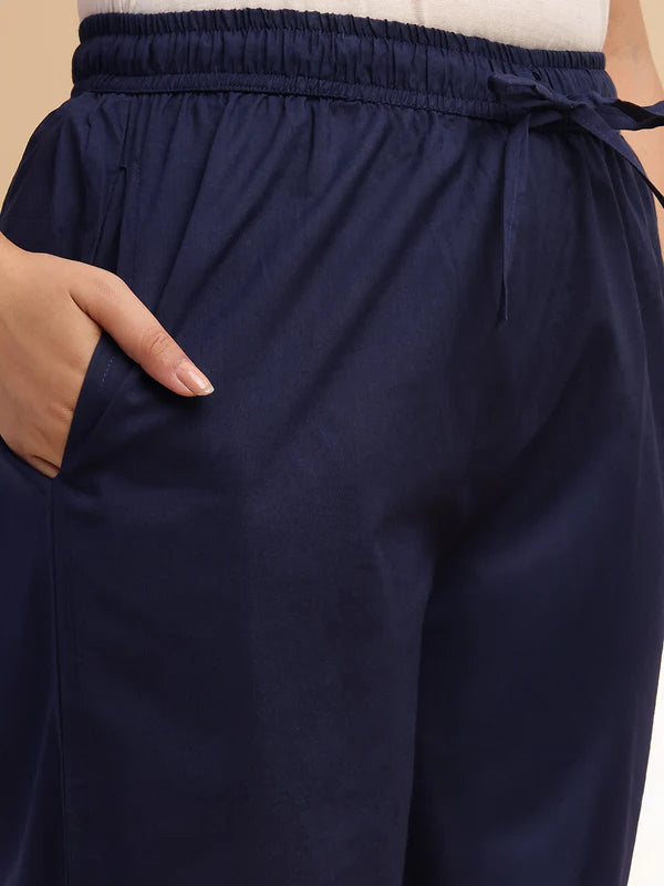 Navy Blue Leaf Print Straight Cotton Stitched Kurta Set