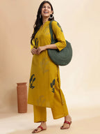 Mustard Leaf Print Straight Cotton Kurta Set