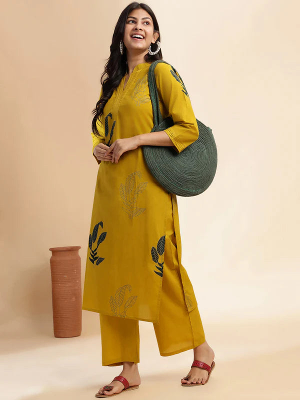 Mustard Leaf Print Straight Cotton Kurta Set