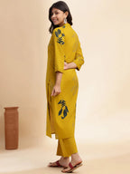 Mustard Leaf Print Straight Cotton Kurta Set