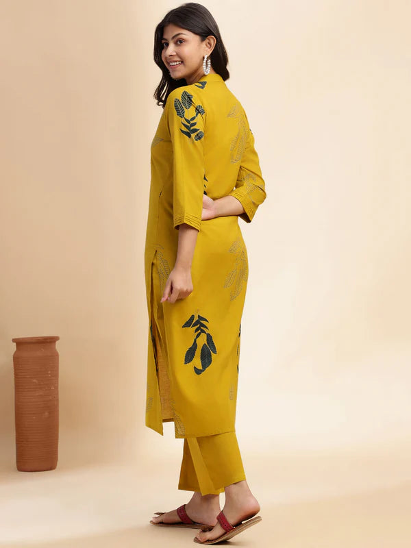 Mustard Leaf Print Straight Cotton Kurta Set