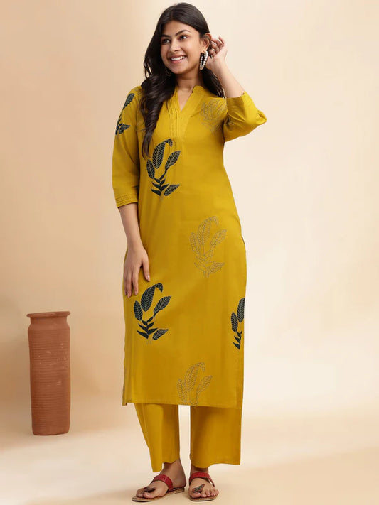 Mustard Leaf Print Straight Cotton Kurta Set