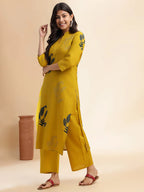 Mustard Leaf Print Straight Cotton Kurta Set