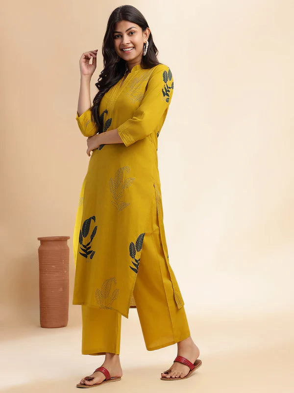 Mustard Leaf Print Straight Cotton Kurta Set