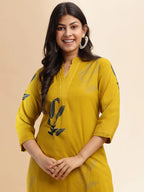 Mustard Leaf Print Straight Cotton Kurta Set