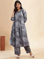Grey Leaf Print A-Line Cotton Stitched Kurta Set