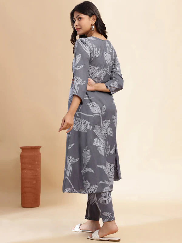 Grey Leaf Print A-Line Cotton Stitched Kurta Set
