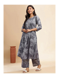Grey Leaf Print A-Line Cotton Stitched Kurta Set