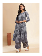 Grey Leaf Print A-Line Cotton Stitched Kurta Set