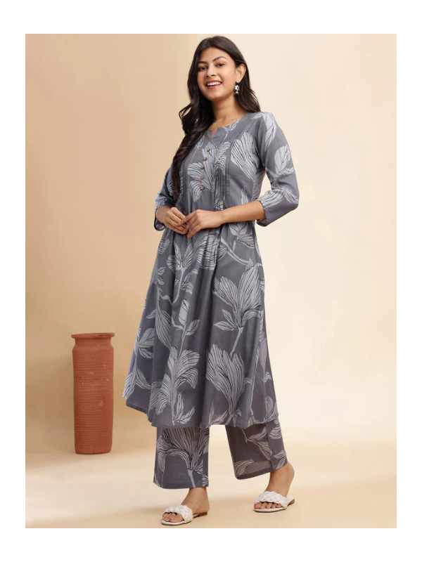 Grey Leaf Print A-Line Cotton Stitched Kurta Set
